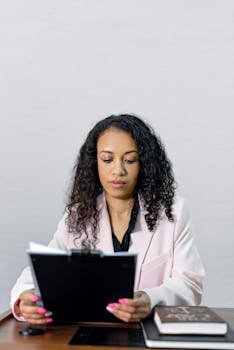 Businesswoman with curly hair reviews documents at desk, showcasing focus and professionalism.